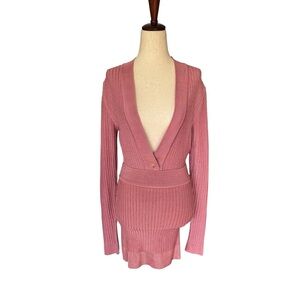 Vintage 90s Azzedine Alaia Pink Rib Knit Long Sleeve Bodycon Bodysuit Skirt Set